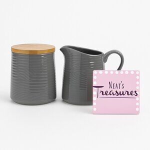 Temptations By Tara WOODLAND Gray Ceramic Texture 10oz Creamer & Sugar Bowl Set